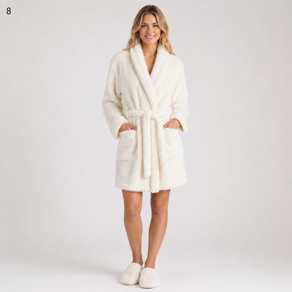Natori Shag Eyelash Robe Womens Large XL White Polyester Belt Pockets Soft